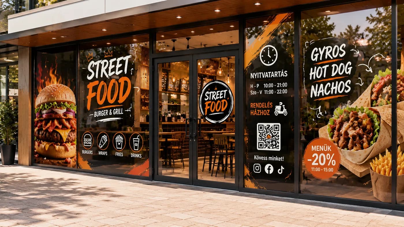 Kirakatmatrica és ablakfólia egy utcai streetfood üzlet kirakatán