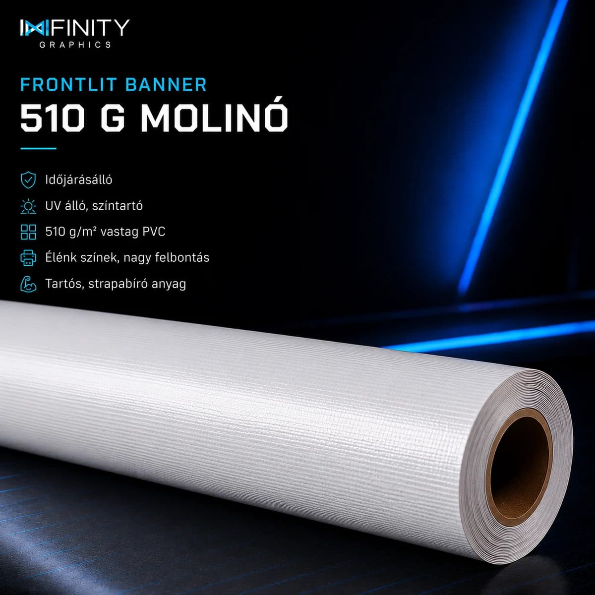 Frontlit molinó alapanyag — 510 g/m² vastag, időjárásálló PVC ponyva tekercs