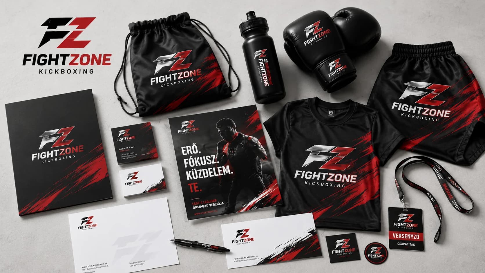 Fightzone sport-arculat — logó, ruházat és kiegészítők egységben