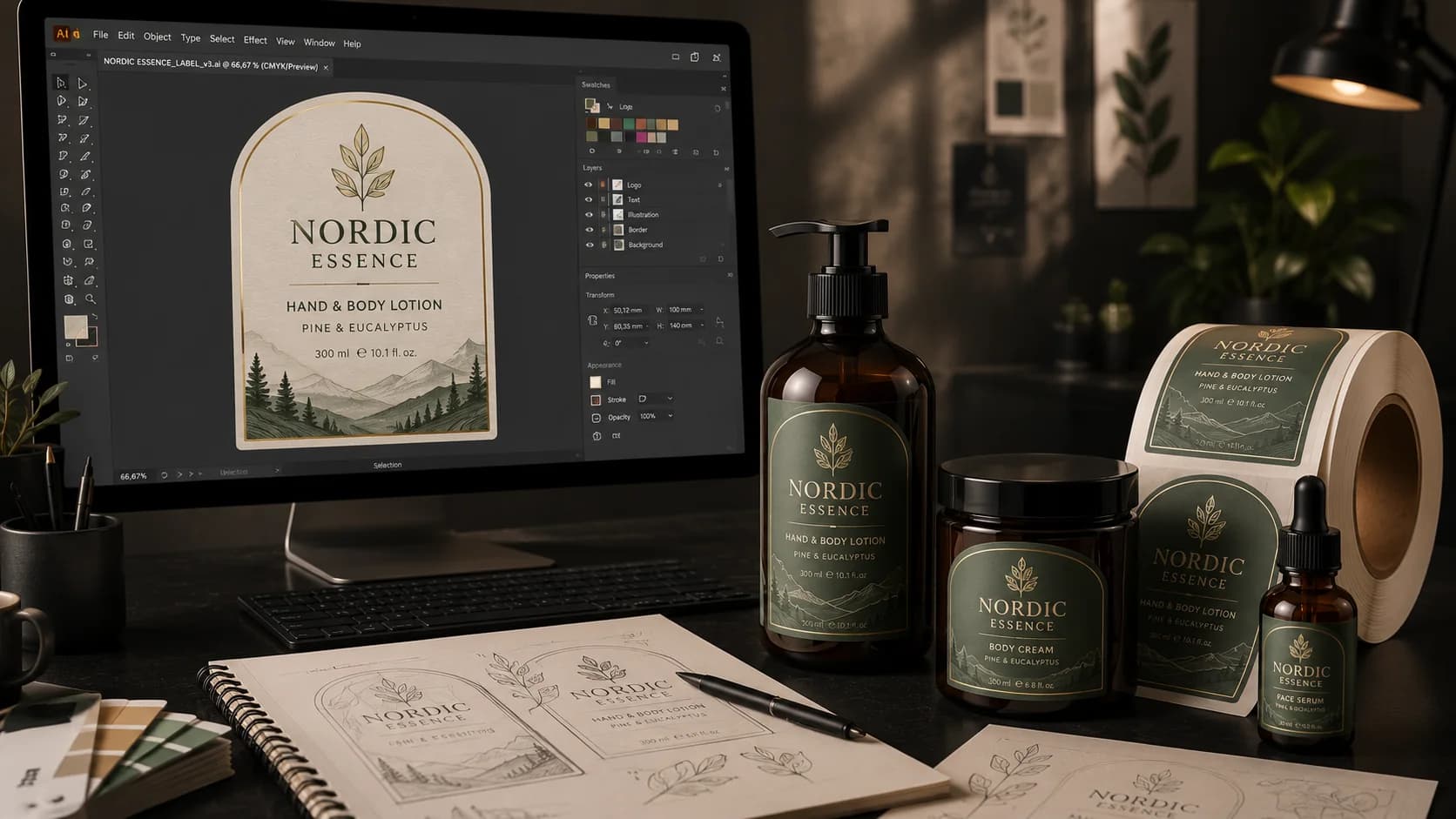 Nordic Essence kozmetikai címke nyomdakész előkészítése Illustratorban (CMYK, rétegek)