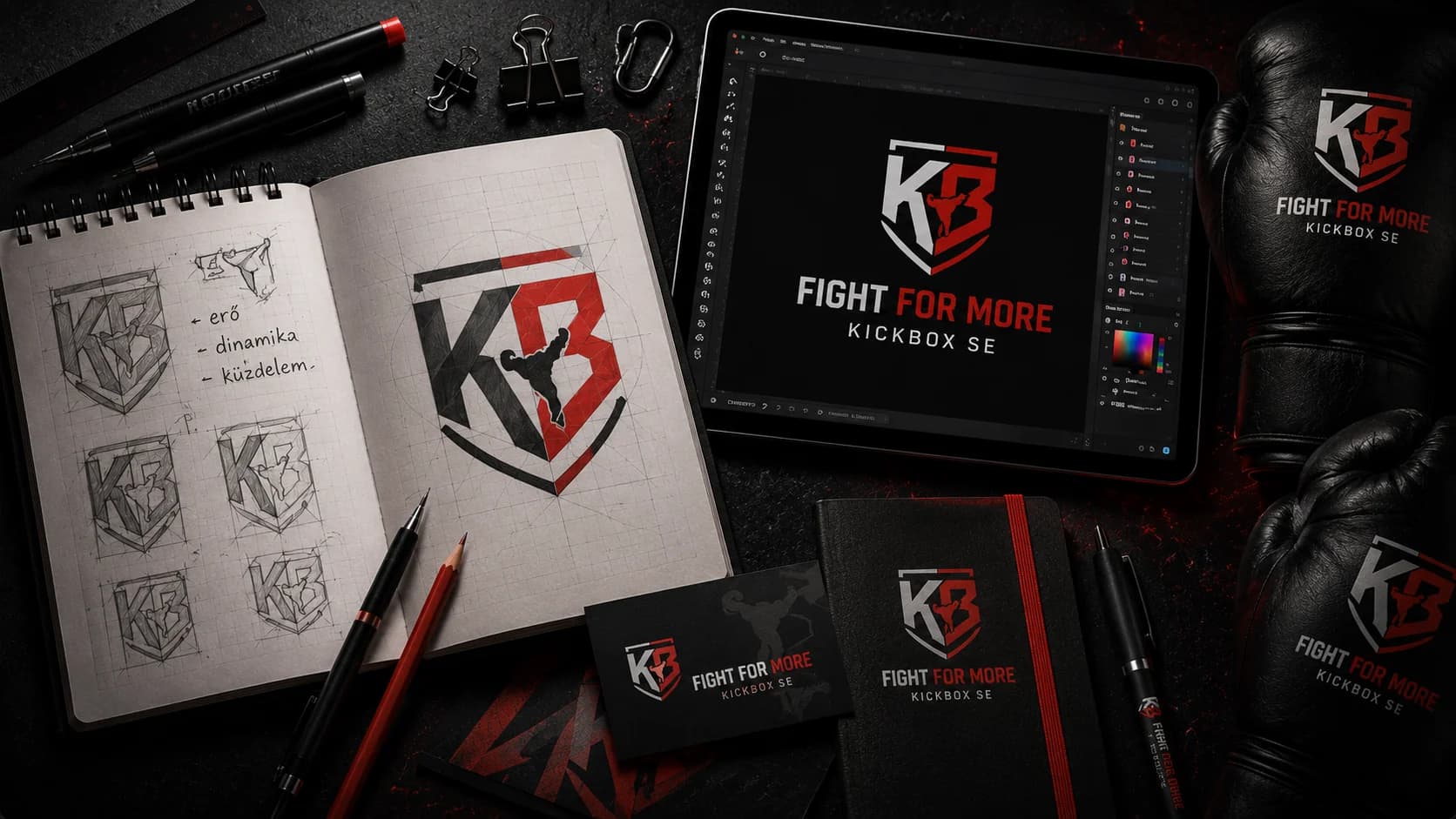 KB Kickbox logó — vázlat-koncepciók és kész arculat, tervezési folyamat