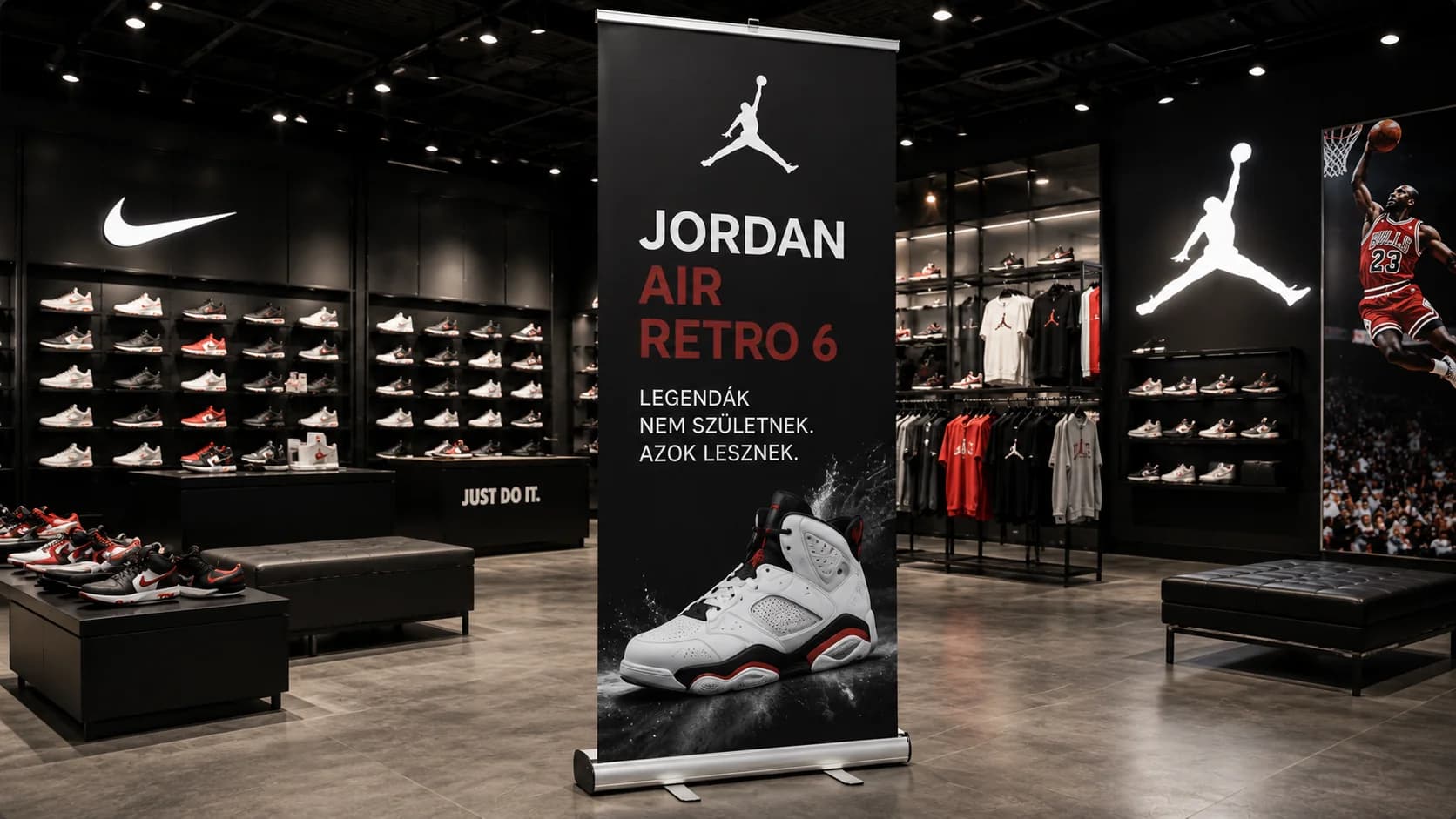 Roll-up display prémium üzletben (Jordan) — kiskereskedelmi márkamegjelenés