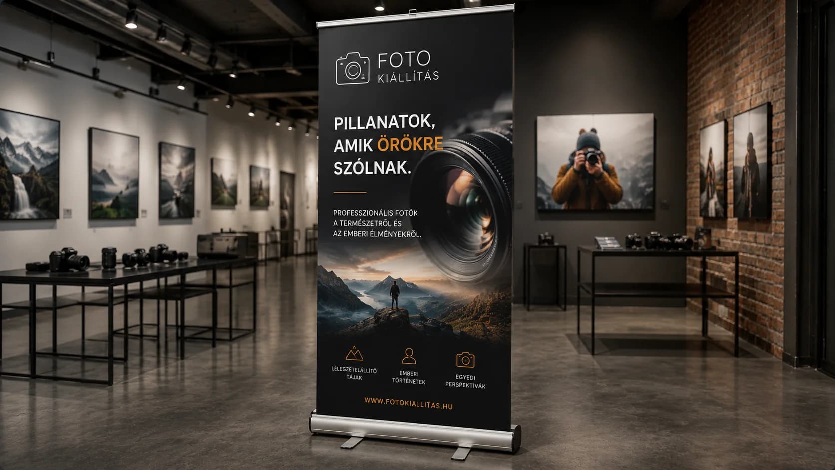Roll-up display egy fotókiállításon — kampány- és fotóminőségű megjelenés