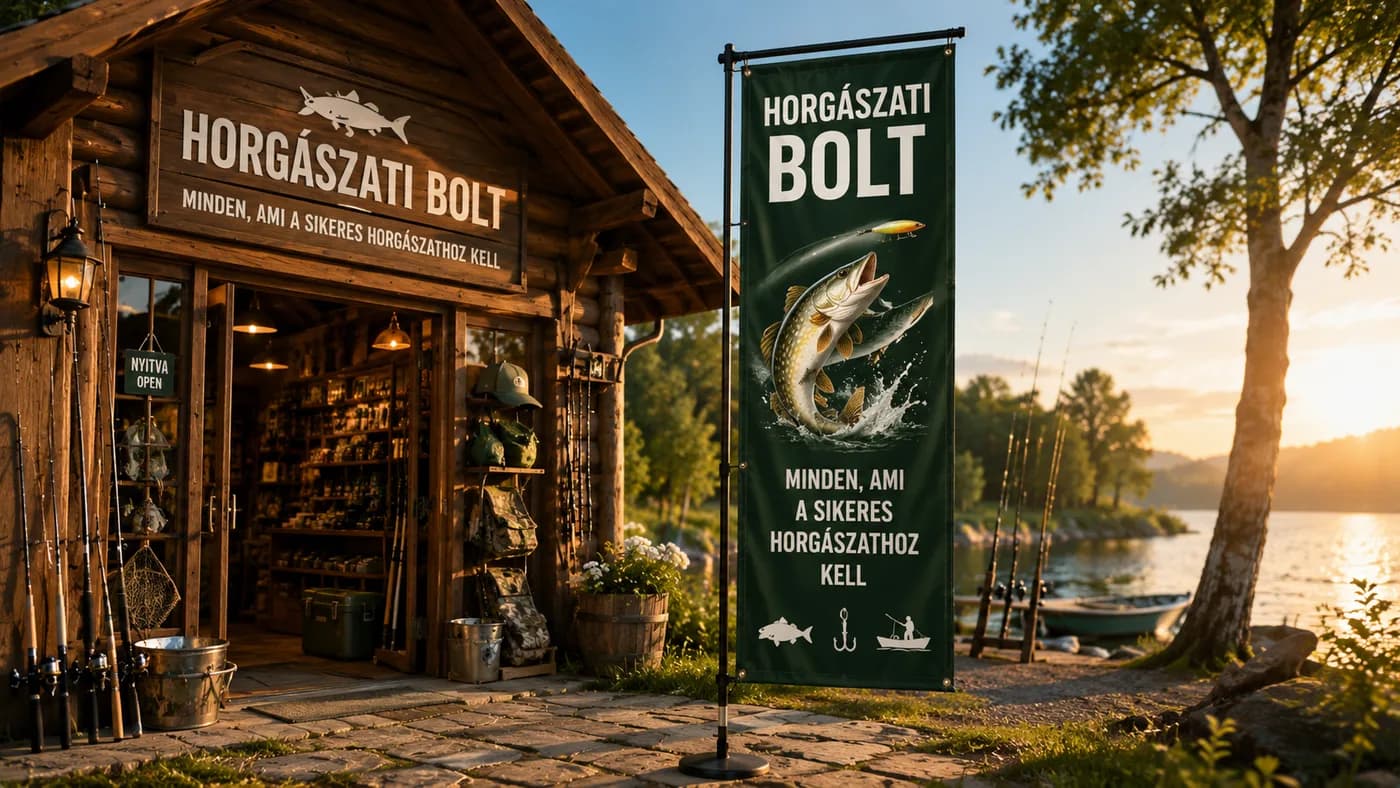Zászló horgászbolt / szaküzlet bejárata előtt