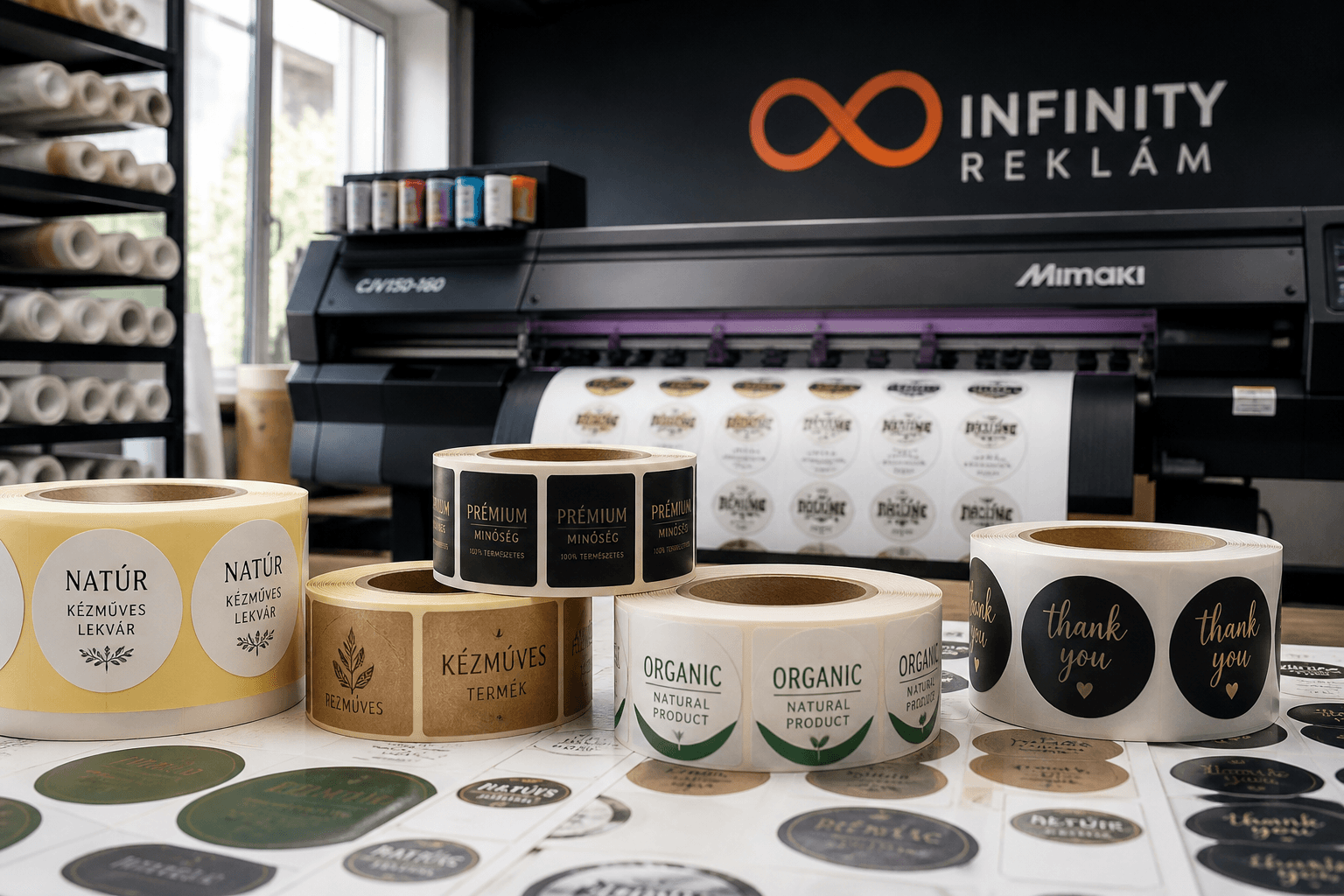 Fotórealisztikus, professzionális kép egy magyar nagyformátumú nyomda/reklámstúdió (Infinity Reklám) blogcikkéhez. Téma: Hol rendelhetek egyedi matricát és címkét nagy mennyiségben Magyarországon?. Modern, valódi munkakörnyezetet vagy terméket ábrázoljon, NE legyen sablonos ikon-kollázs vagy absztrakt illusztráció — valós fotó hatását keltse, természetes fényviszonyokkal.
