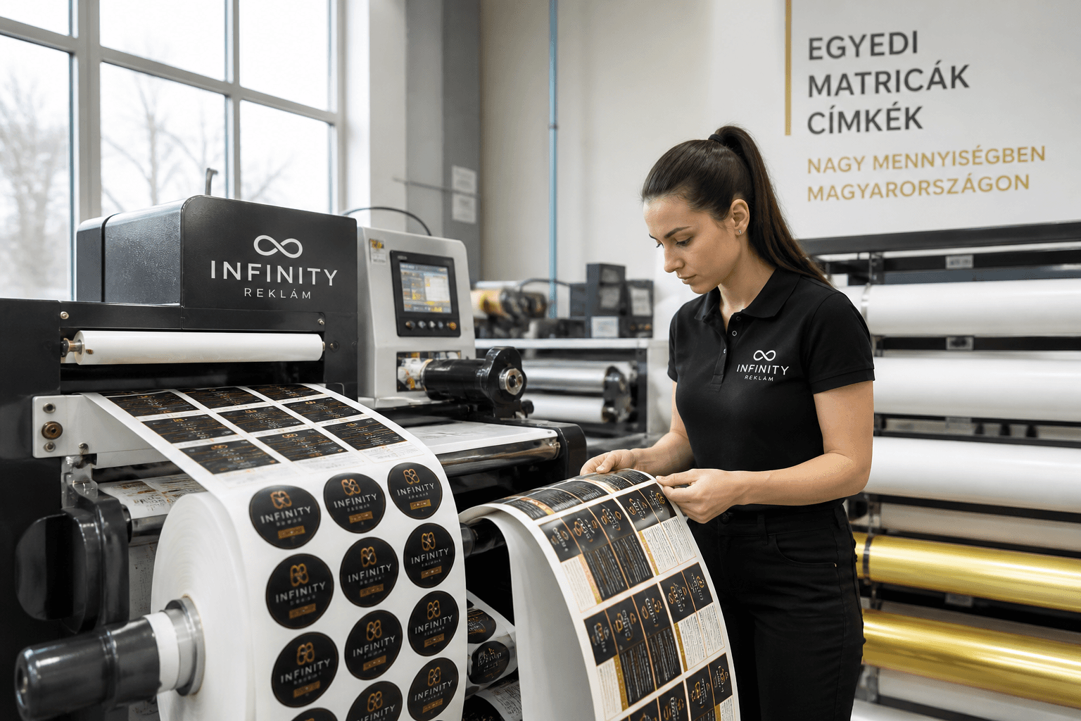 Fotórealisztikus, professzionális kép egy magyar nagyformátumú nyomda/reklámstúdió (Infinity Reklám) blogcikkéhez.