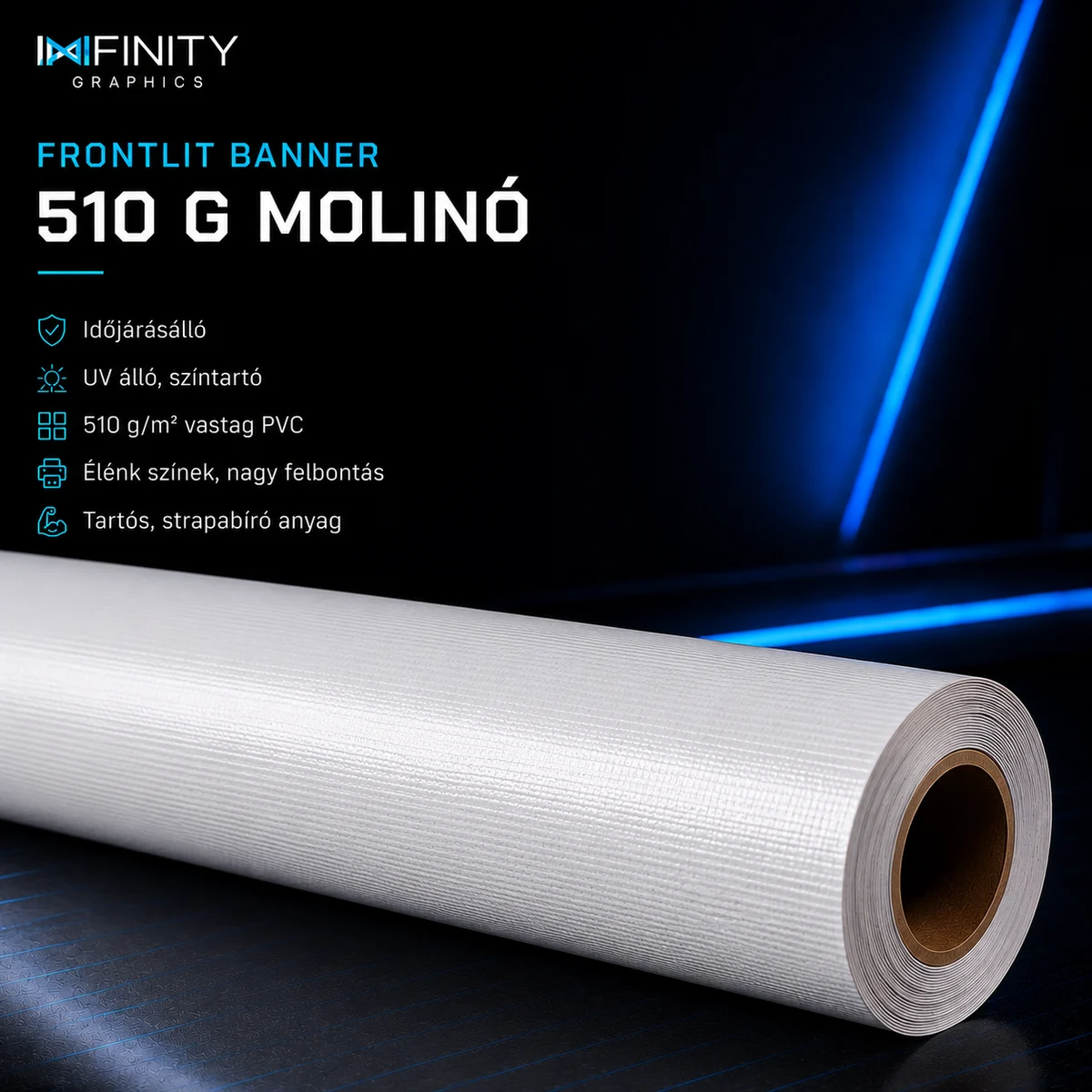 Frontlit molinó alapanyag — 510 g/m² vastag, időjárásálló PVC ponyva tekercs