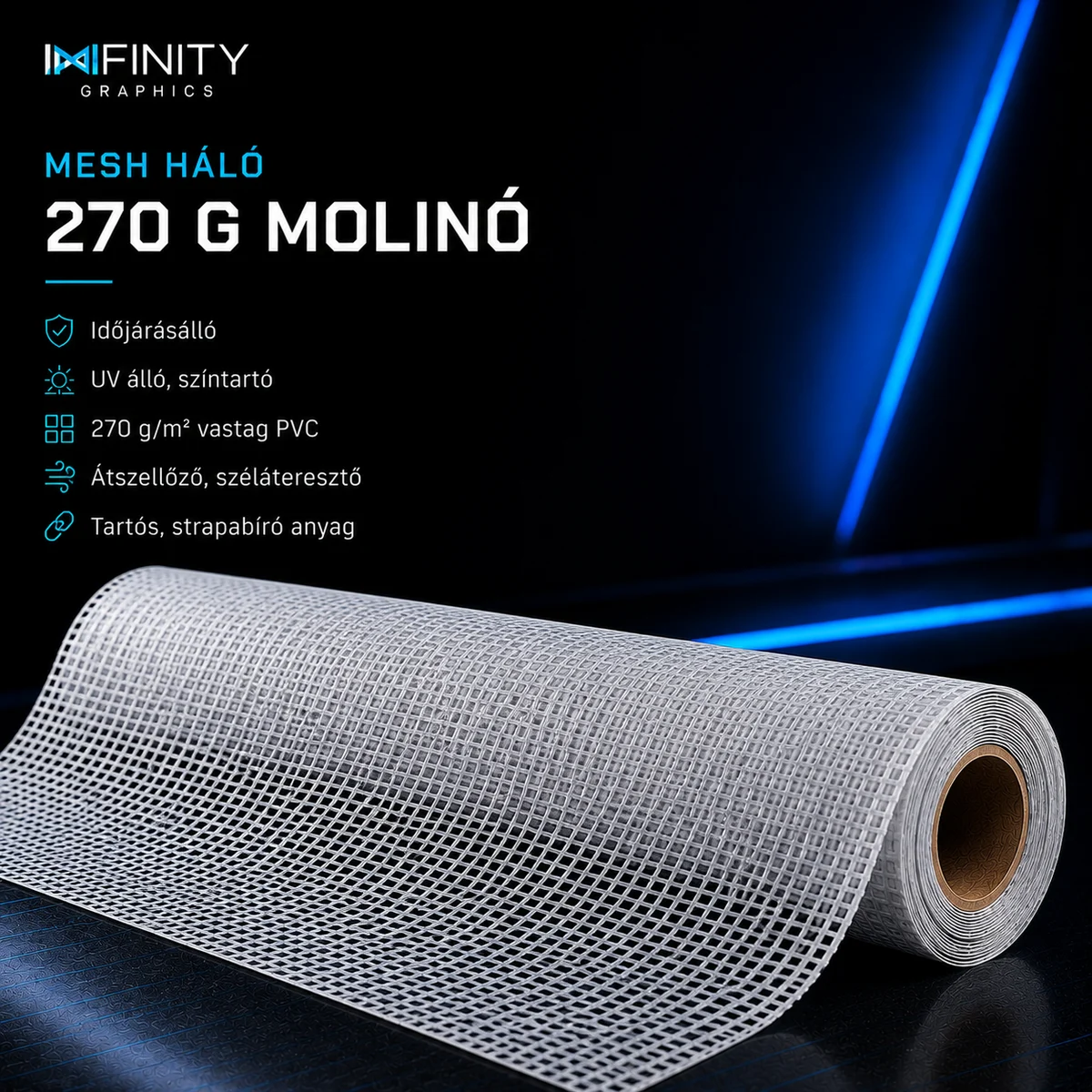 Mesh háló molinó alapanyag — 270 g/m², széláteresztő hálós PVC tekercs építési homlokzatra