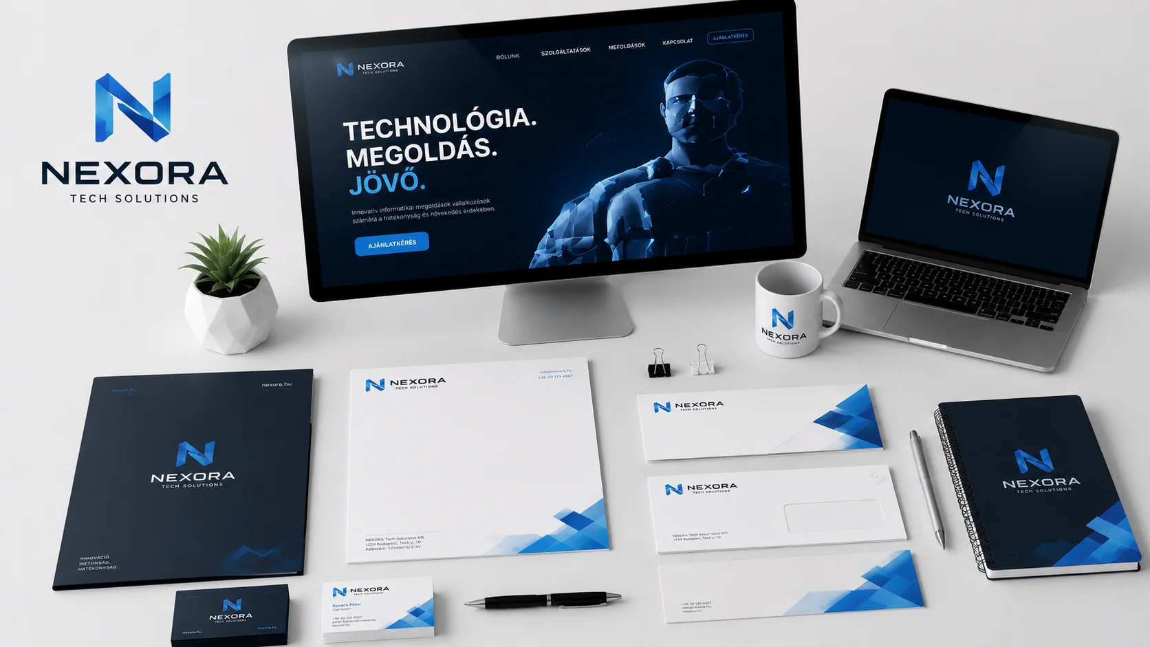 Nexora tech-arculat — logó, weboldal, névjegy és levélpapír egy rendszerben