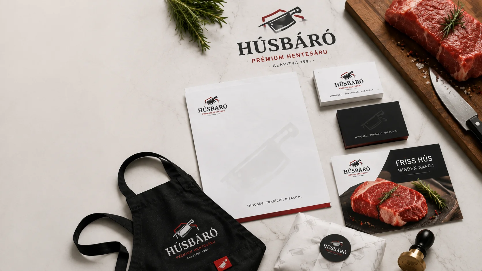 Húsbáró prémium hentes-arculat — logó, papíráru, csomagolás, kötény