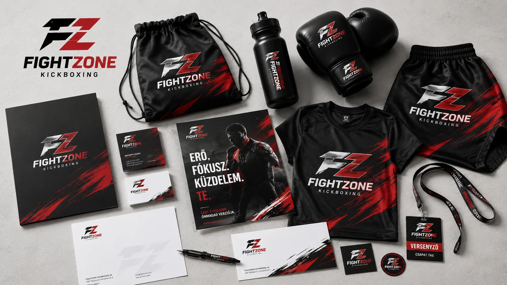 Fightzone sport-arculat — logó, ruházat és kiegészítők egységben