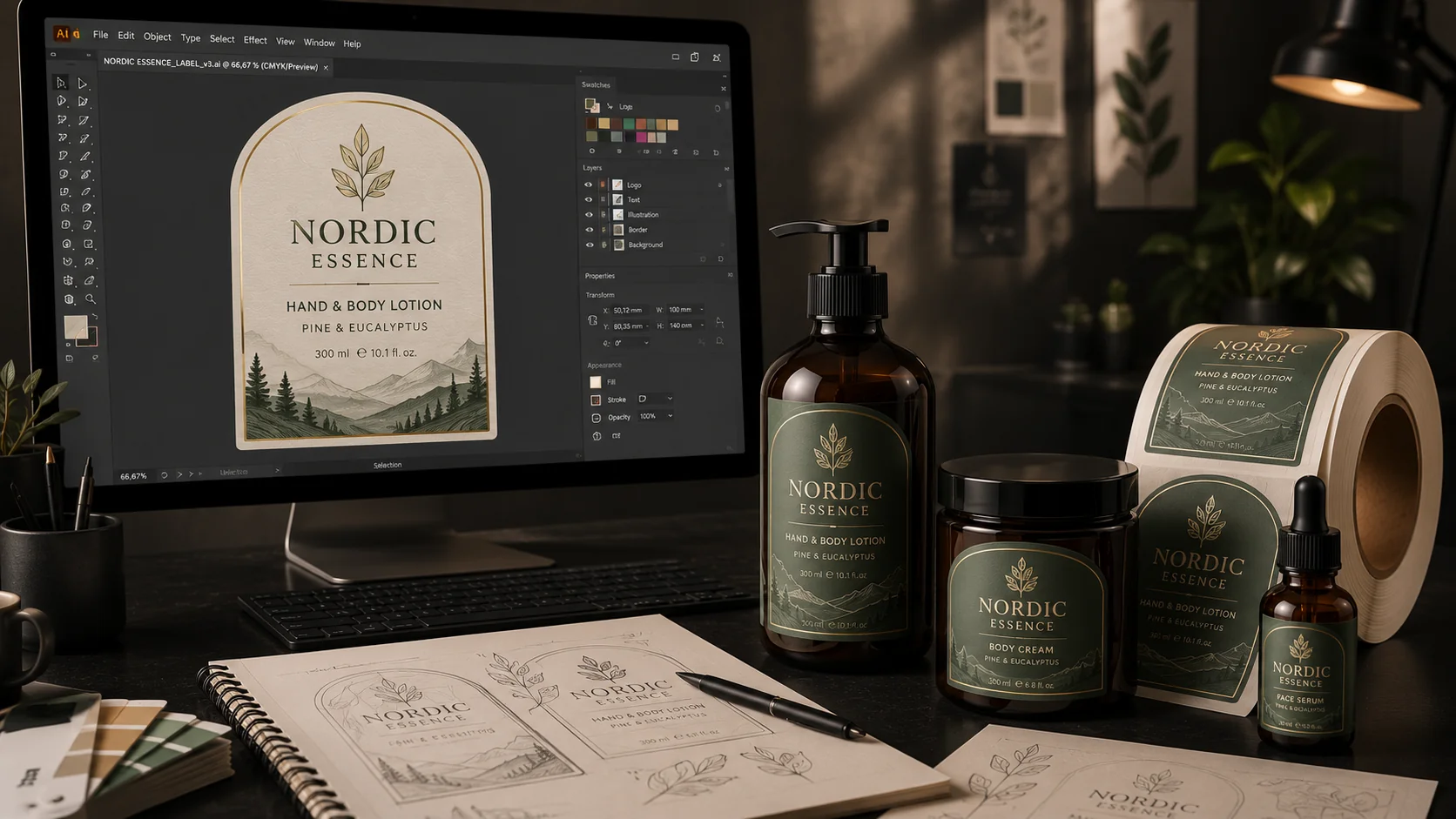 Nordic Essence kozmetikai címke nyomdakész előkészítése Illustratorban (CMYK, rétegek)