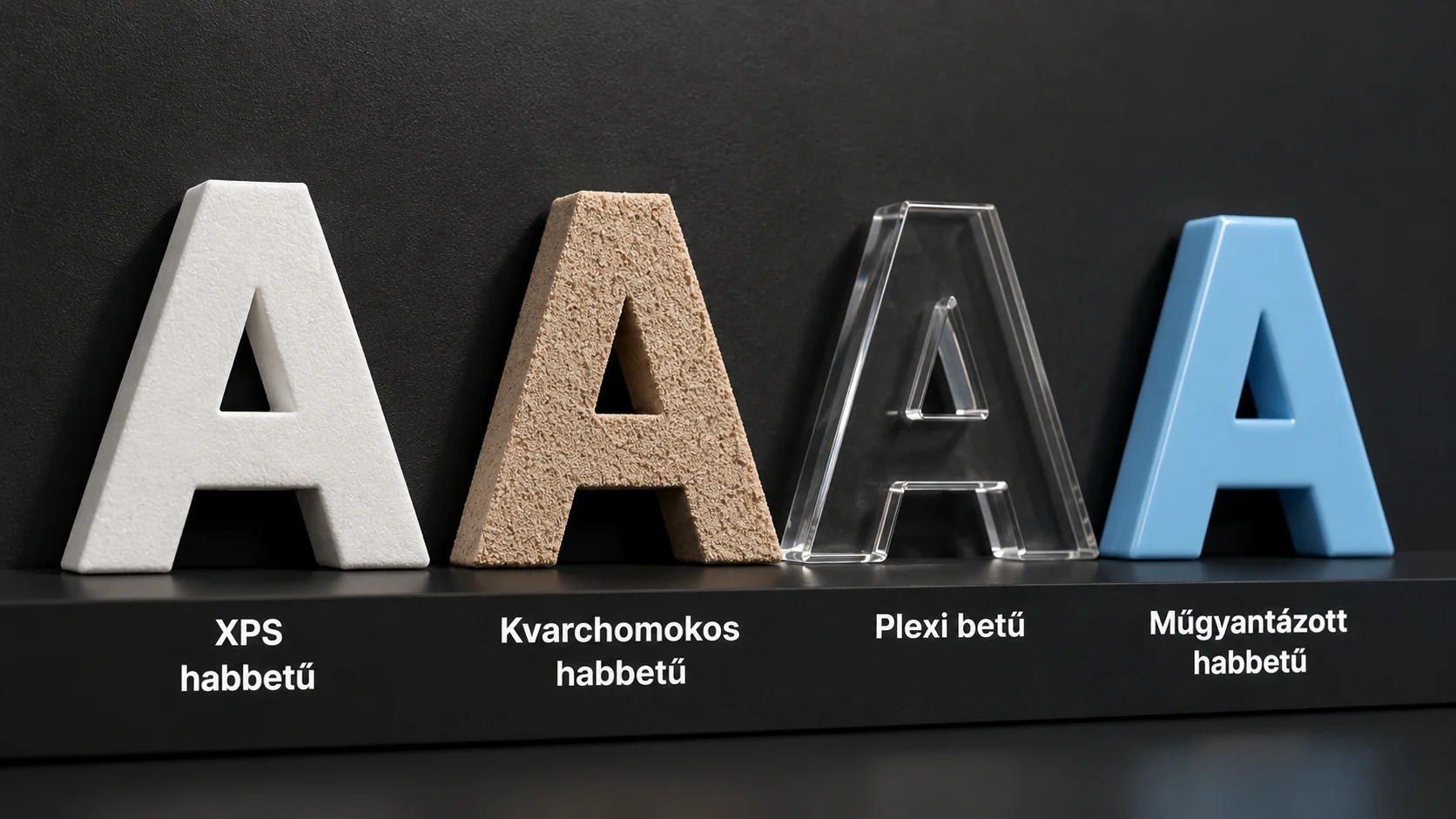 Habbetű anyagminták egymás mellett — XPS, kvarchomokos és plexi betűk