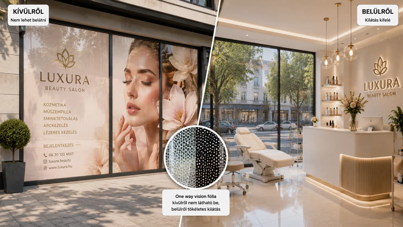 One-way vision ablakfólia egy szépségszalon kirakatán — kintről grafika, bentről átláthatóság