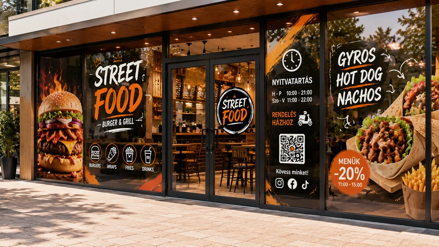 Kirakatmatrica és ablakfólia egy utcai streetfood üzlet kirakatán