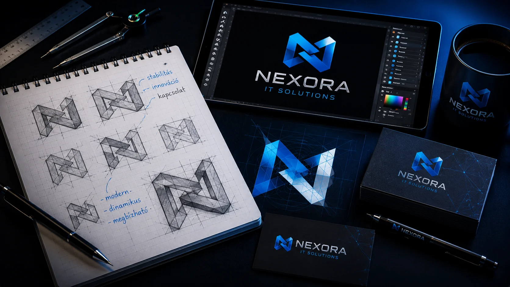 Nexor IT logó — vázlattól a kész márkajelig, egyedi logótervezés
