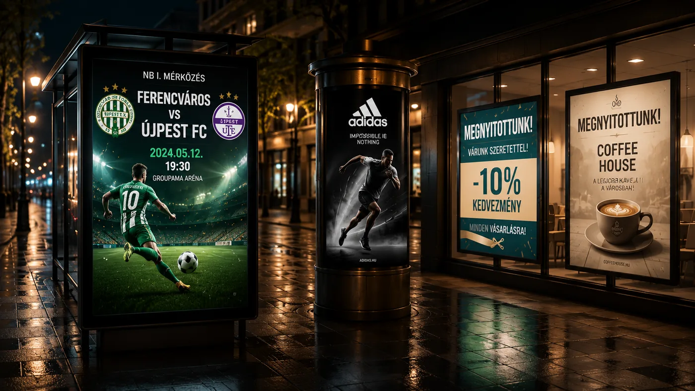 Kültéri citylight plakátok az utcán — sport, reklám, üzletnyitás