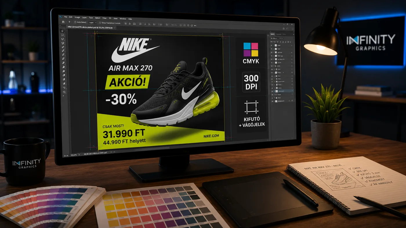 Plakát design előkészítése nyomtatáshoz — CMYK, 300 dpi, vágójelek