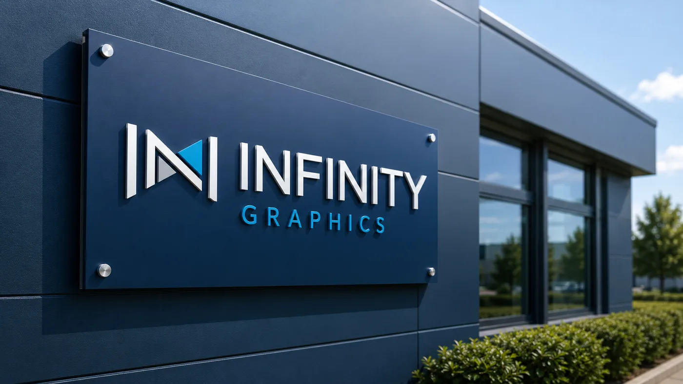 Cégtábla és reklámtábla telepítve épület homlokzatán — Infinity Graphics