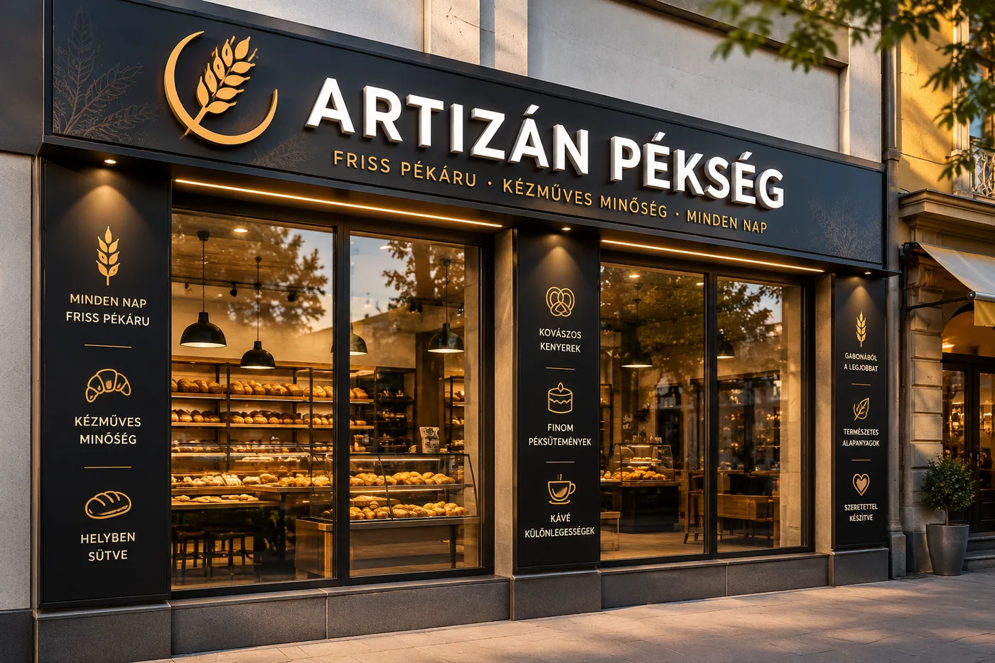 Elkészült világító cégtábla egy pékség homlokzatán — működő üzleti felület