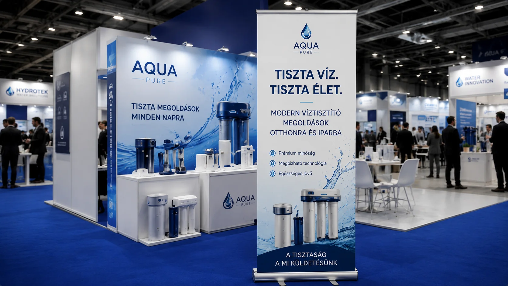 Roll-up display egy AQUA kiállítási standon — vásár, expo, rendezvény