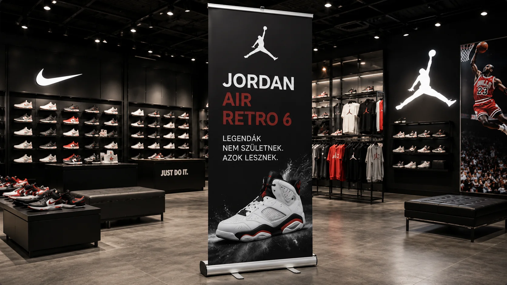 Roll-up display prémium üzletben (Jordan) — kiskereskedelmi márkamegjelenés