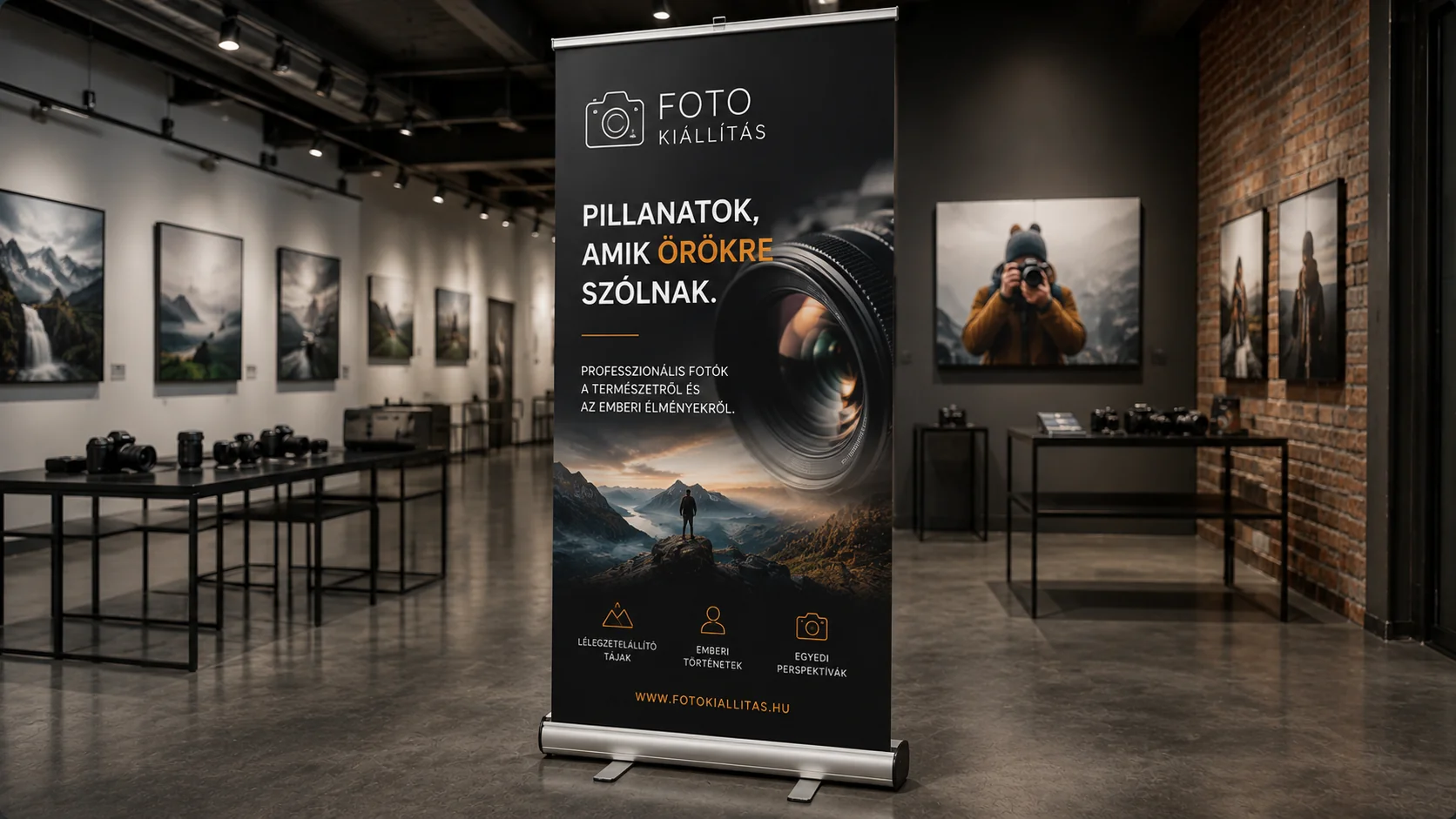 Roll-up display egy fotókiállításon — kampány- és fotóminőségű megjelenés