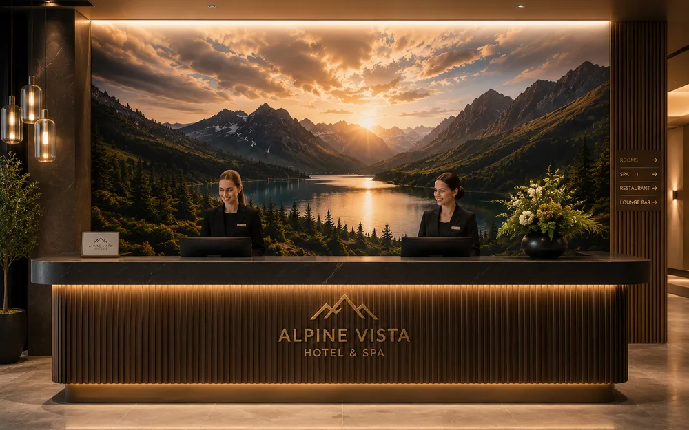Nagyméretű egyedi tapéta egy prémium hotel recepciója mögött — bármilyen méretben