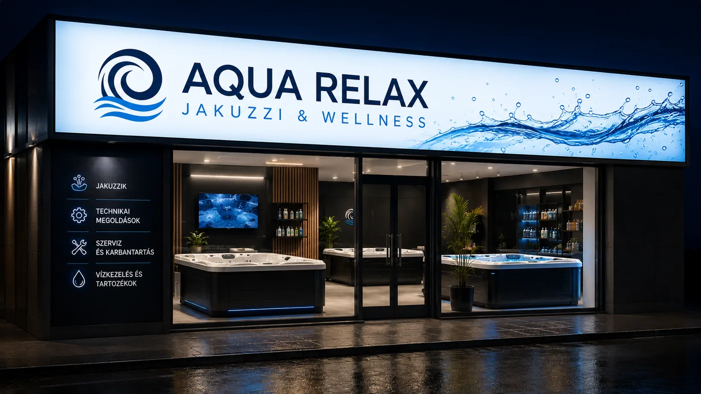 Világító cégtábla egy wellness üzlet homlokzatán este (AQUA RELAX)