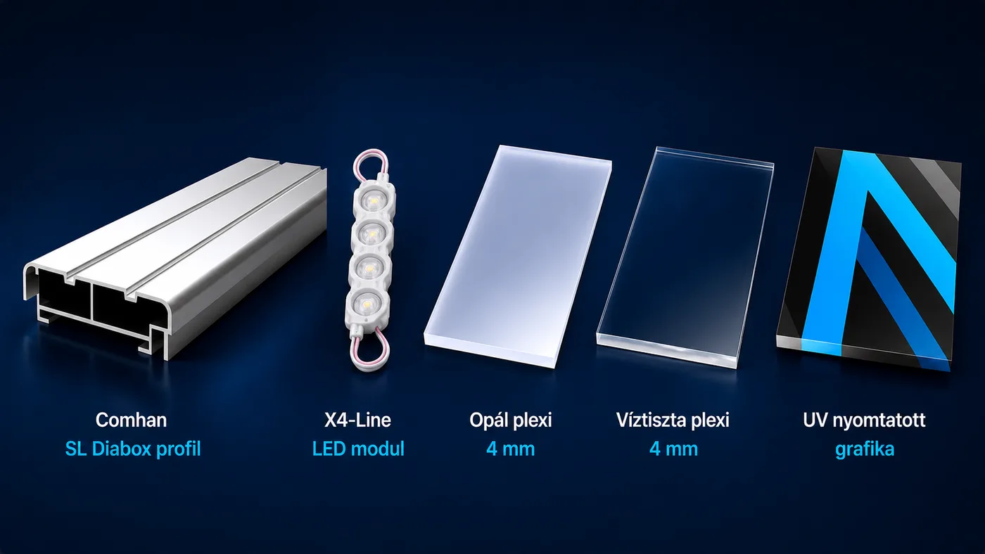 Világítótábla anyagai — Comhan alumínium profil, opál és víztiszta plexi, X4-Line LED modul