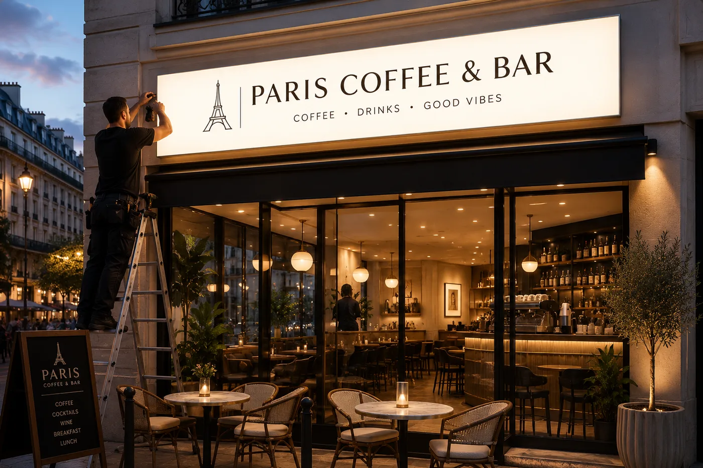 Világító cégtábla telepítése egy kávézó homlokzatára (PARIS COFFEE)