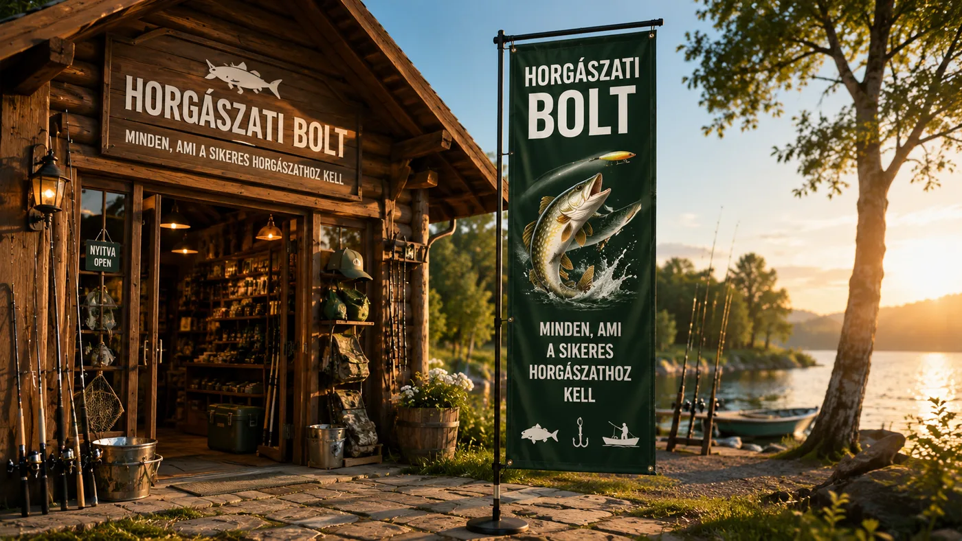 Zászló horgászbolt / szaküzlet bejárata előtt